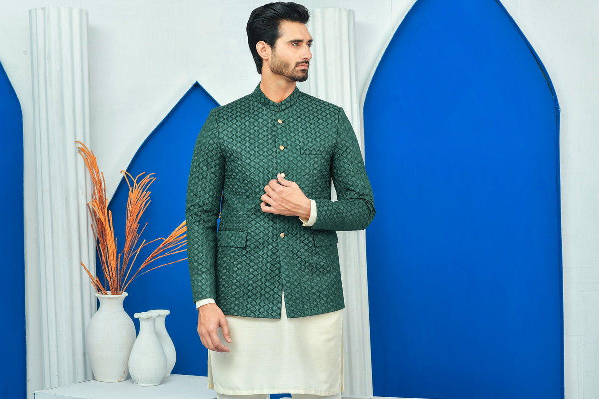 Green Color Diagonal Embroidered Prince Coat For Men
