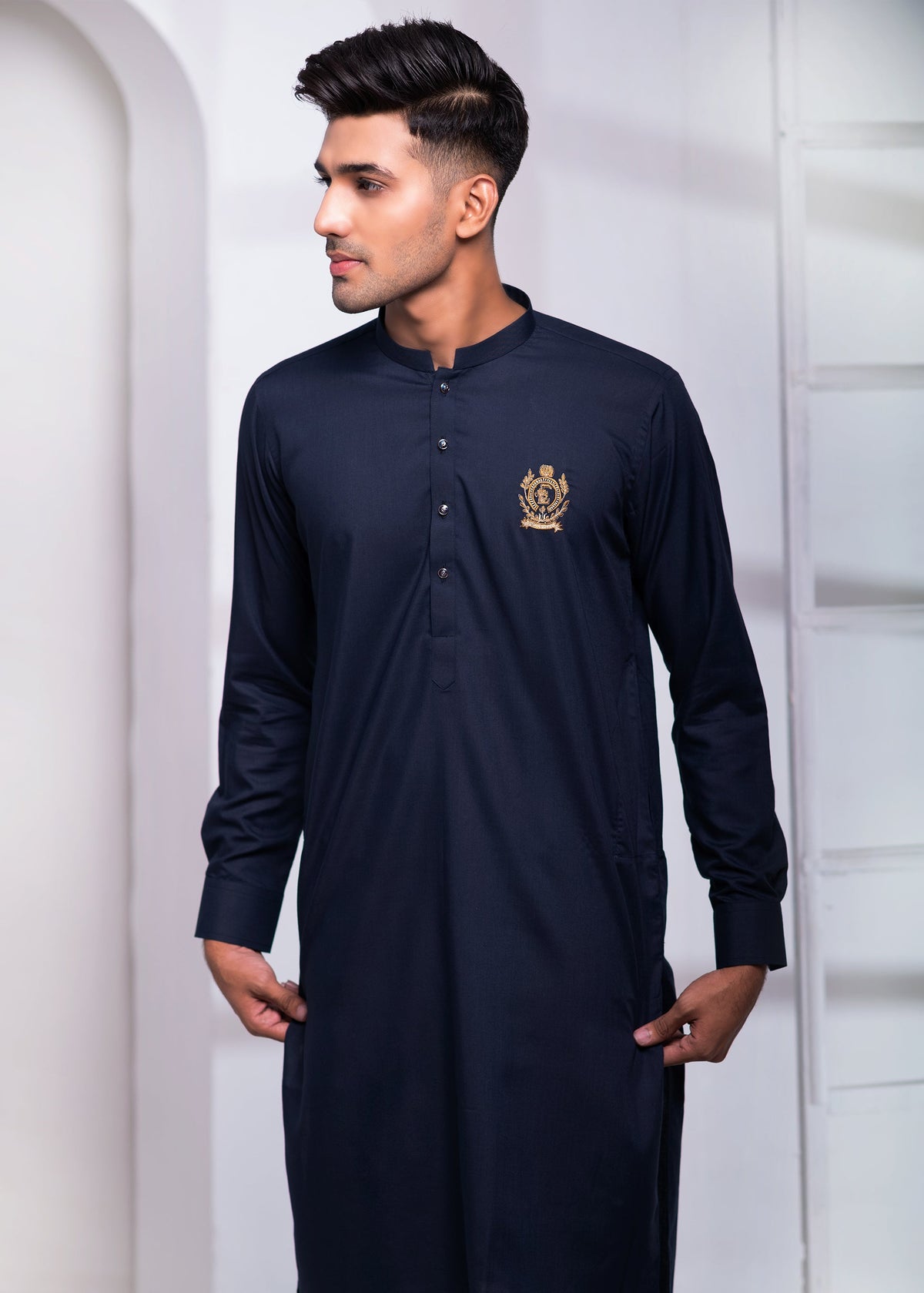 Black Color Signature Embroidered Kurta Pajama For Men