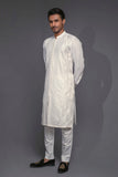 White Color Geometric Embroidered Front Open Design Kurta Pajama For Men