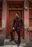 Maroon Embroidered Short Kurta with Bell Bottom Trouser For Men