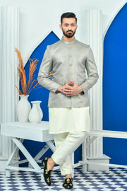 Grey Color Aari Checkered Embroidered Prince Coat For Men