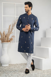 Blue & White Color Gold Embroidered Kurta Pajama For Men