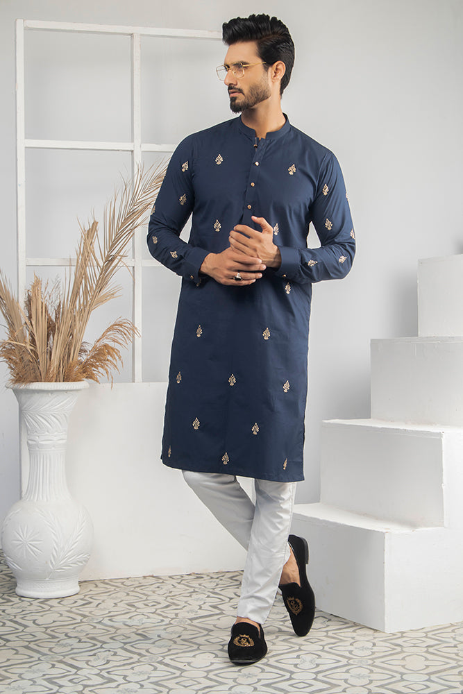 Blue & White Color Gold Embroidered Kurta Pajama For Men