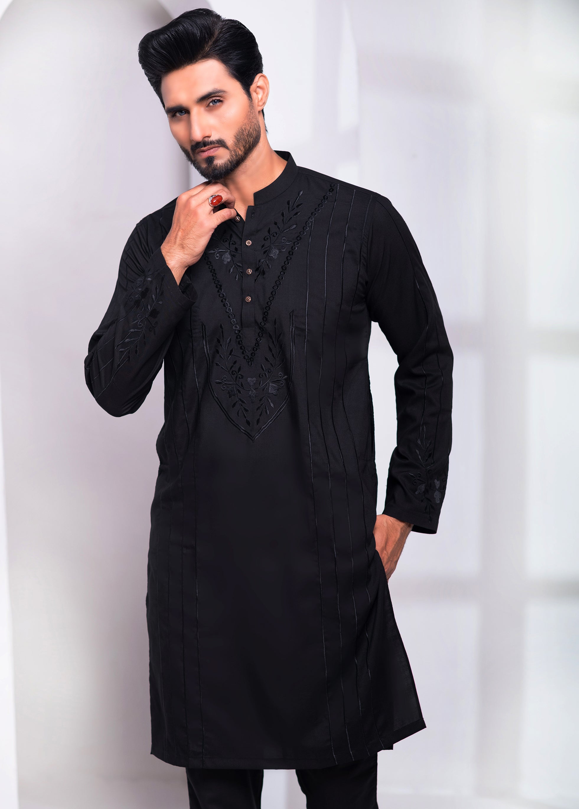 Black Color Wash & Wear Resham Embroidered Kurta Pajama For Men