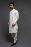 White Color Chicken Kari Diagonal Embroidered Kurta Pajama For Men