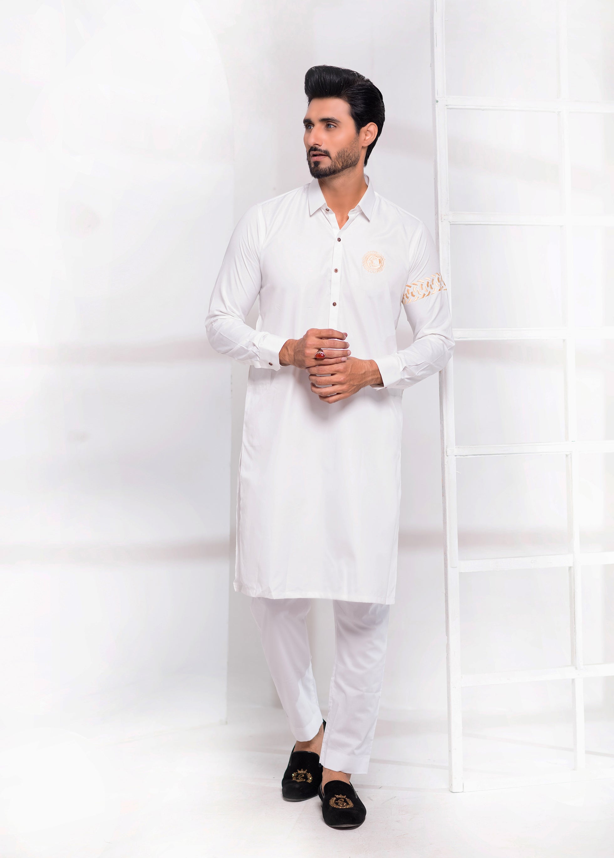 Off-White Color Signature & Sleeves Embroidered Kurta Pajama For Men