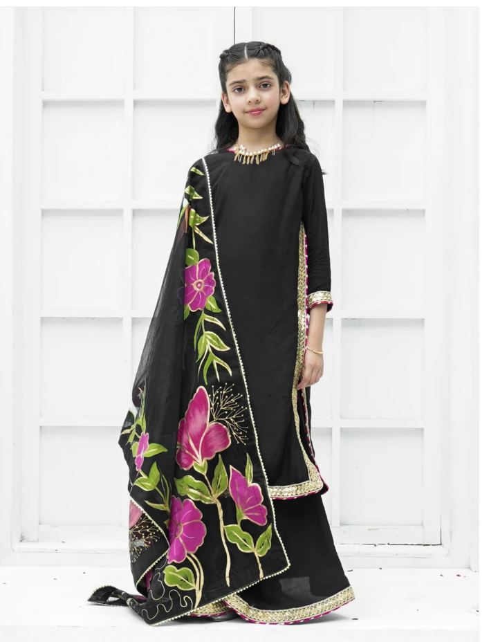 Elegant Soft Raw Silk 3-Piece Suit with Hand-Painted Organza Dupatta For Girls
