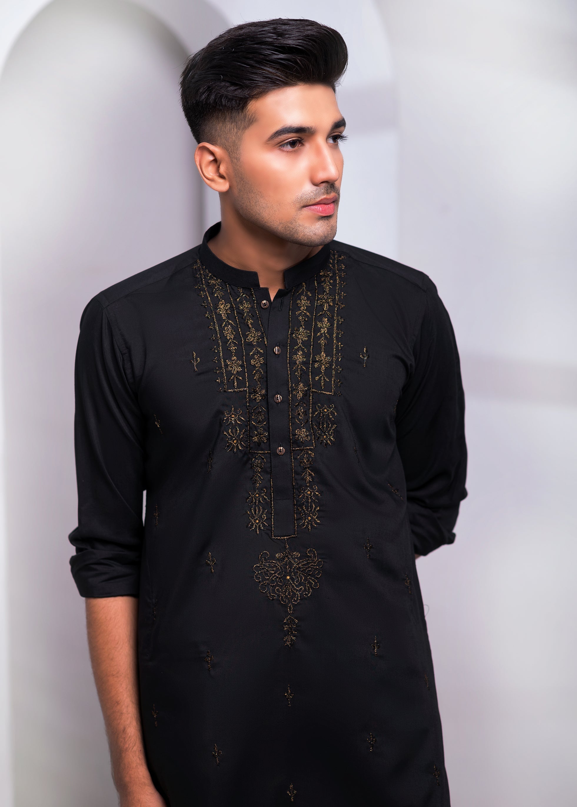 Black Color Zari Embroidered Kurta Pajama For Men