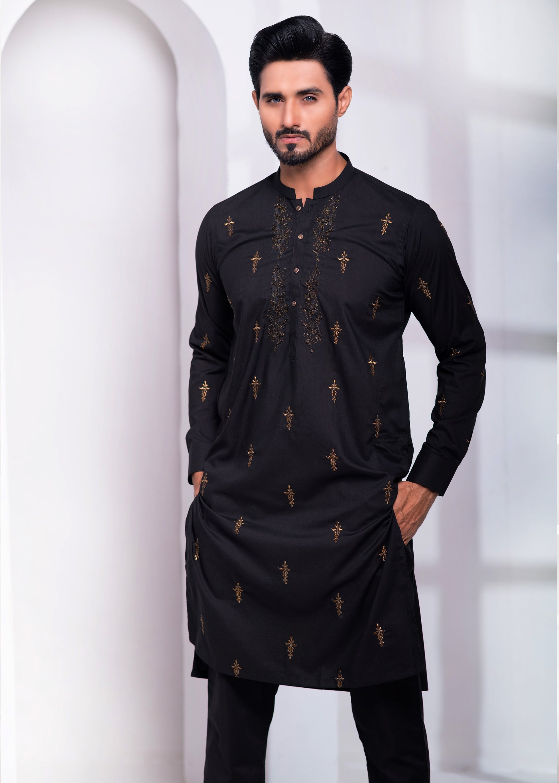 Black Color Block Embroidered Kurta Pajama For Men