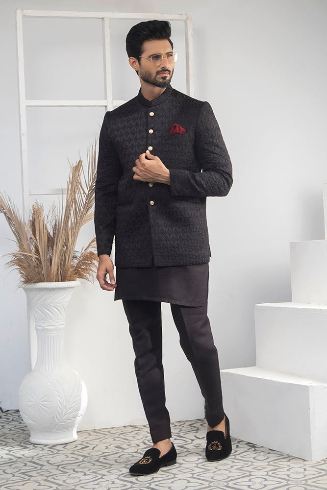 Black Color Thread Embroidered Prince Coat For Men