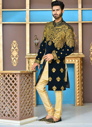 Black & Golden Color Velvet Embroidered Sherwani For Men