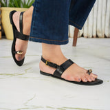 Black Strap Toe-Ring Sandals – Stylish & Comfortable Flats For Women