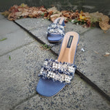 Pearls Night Out – Embellished Denim Heels For Women