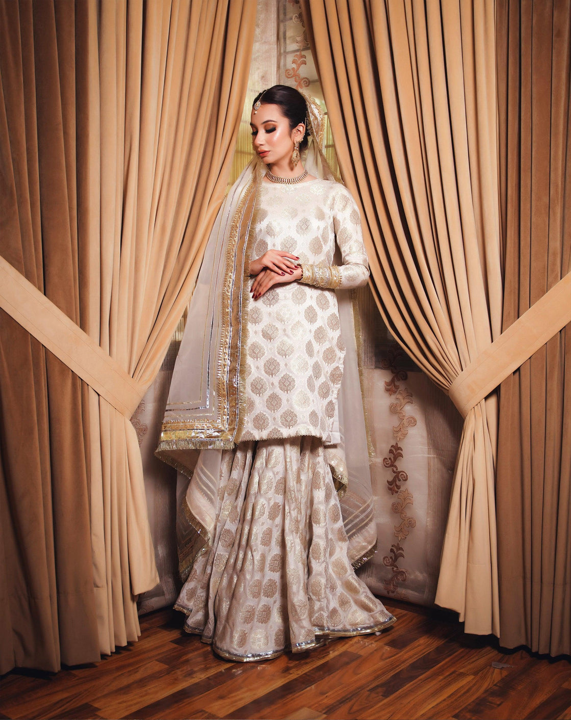 Saahiba – 3 Piece Off-White Satin Brocade Gharara Set For Women