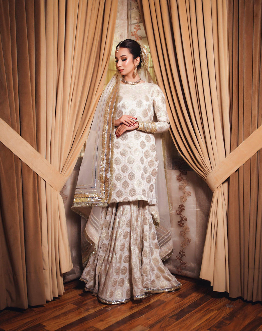 Saahiba – 3 Piece Off-White Satin Brocade Gharara Set For Women