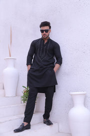 Black Color Mirror Work Embroidery Kurta Pajama For Men