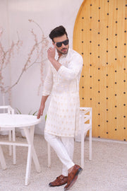 White Color Mirror Work Embroidery Kurta Pajama For Men