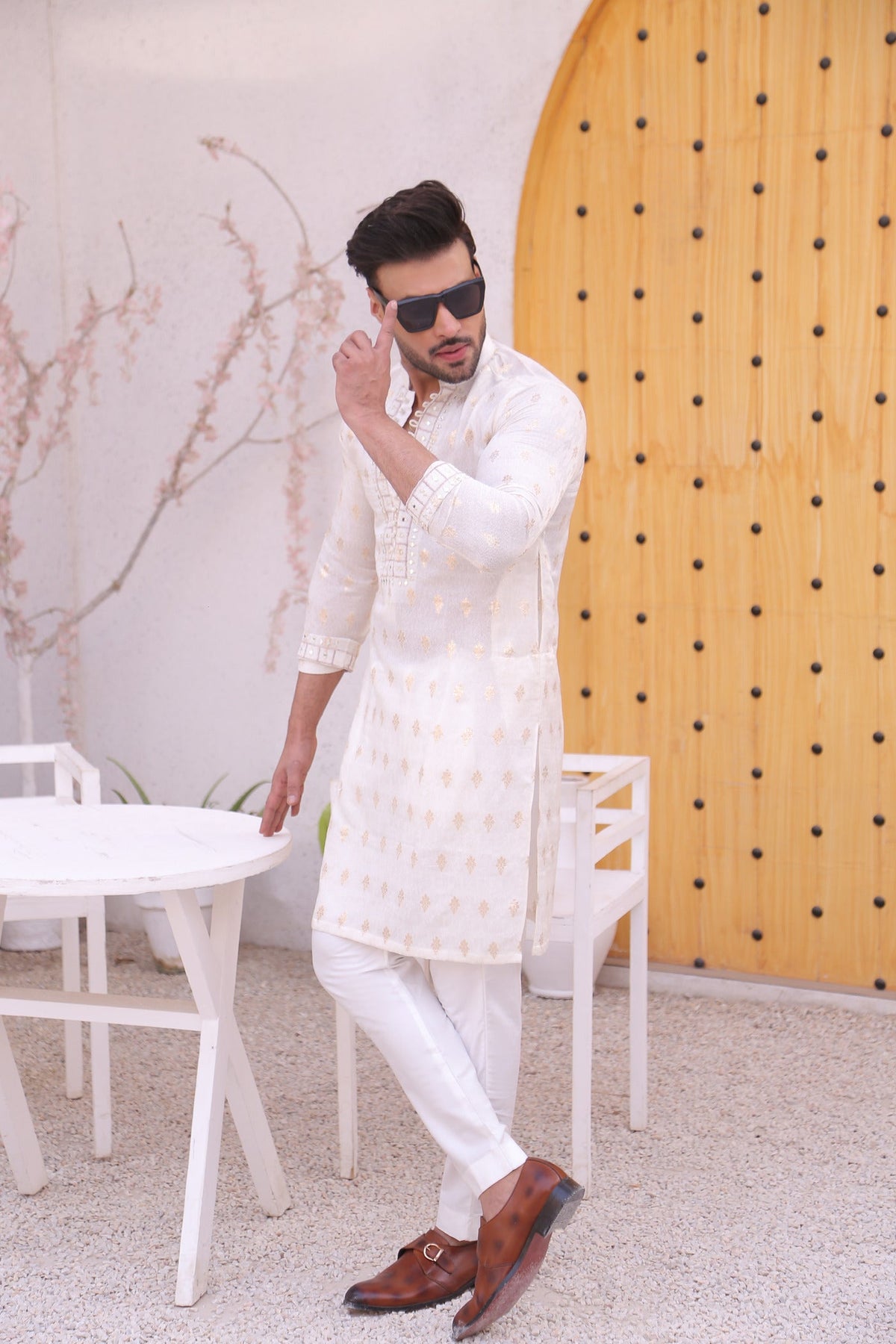 White Color Mirror Work Embroidery Kurta Pajama For Men