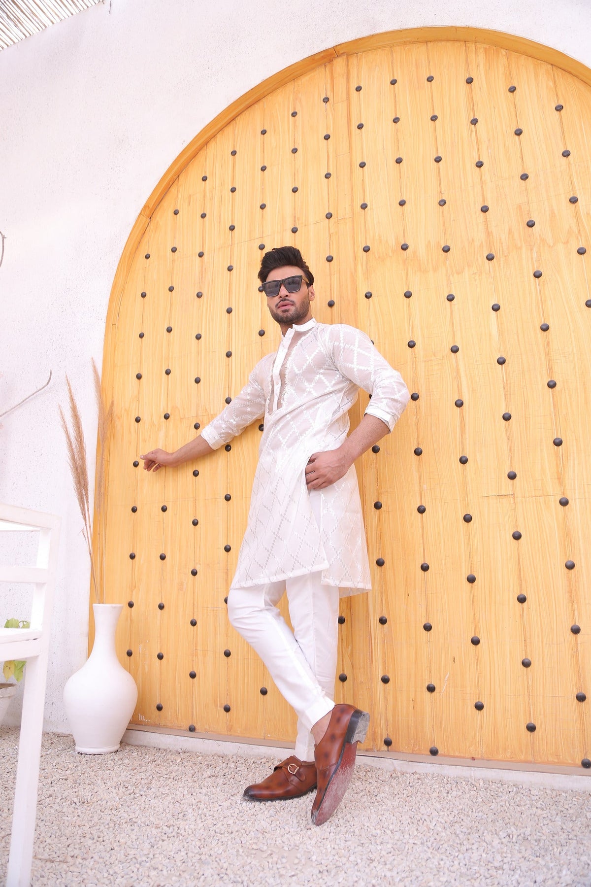 White Color Cut Work Embroidery Kurta Pajama For Men