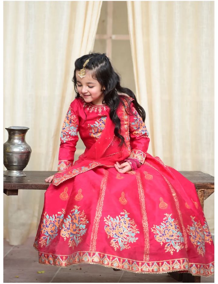 Elegant Block Printed Raw Silk Lehenga Choli For Girls