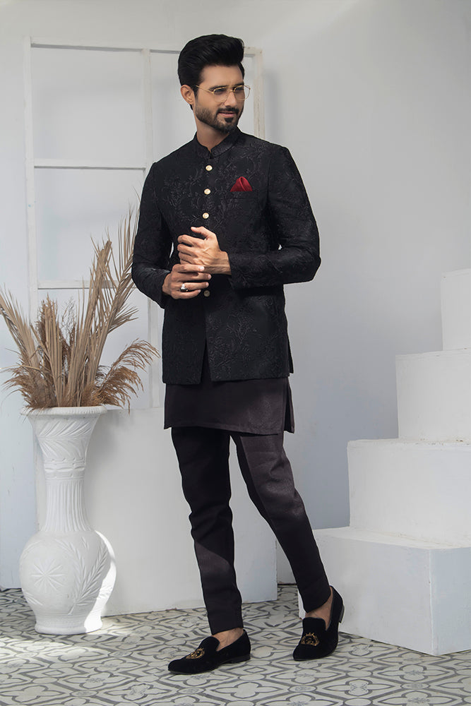 Black Color Floral Embroidered Prince Coat For Men