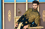 Black & Golden Color Velvet Embroidered Sherwani For Men