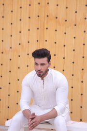White Color Mirror Work Embroidery Loop Botton Kurta Pajama For Men