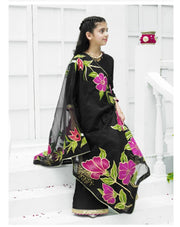 Elegant Soft Raw Silk 3-Piece Suit with Hand-Painted Organza Dupatta For Girls