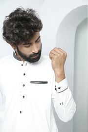 White Color Polka Dot Embroidered Kurta Pajama For Men