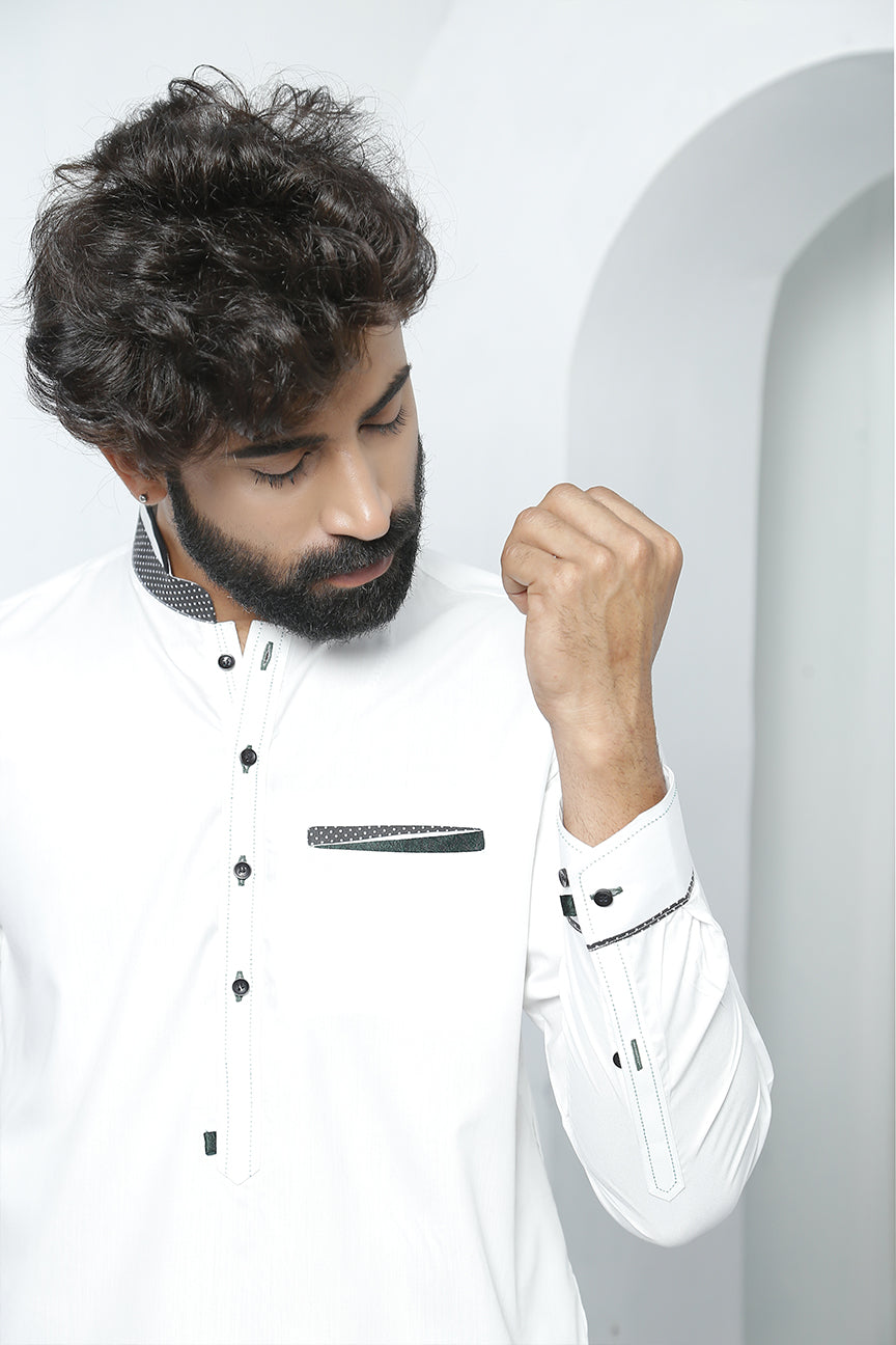 White Color Polka Dot Embroidered Kurta Pajama For Men