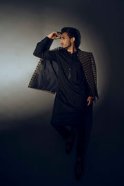 Black Color Golden Embroidered Prince Coat For Men