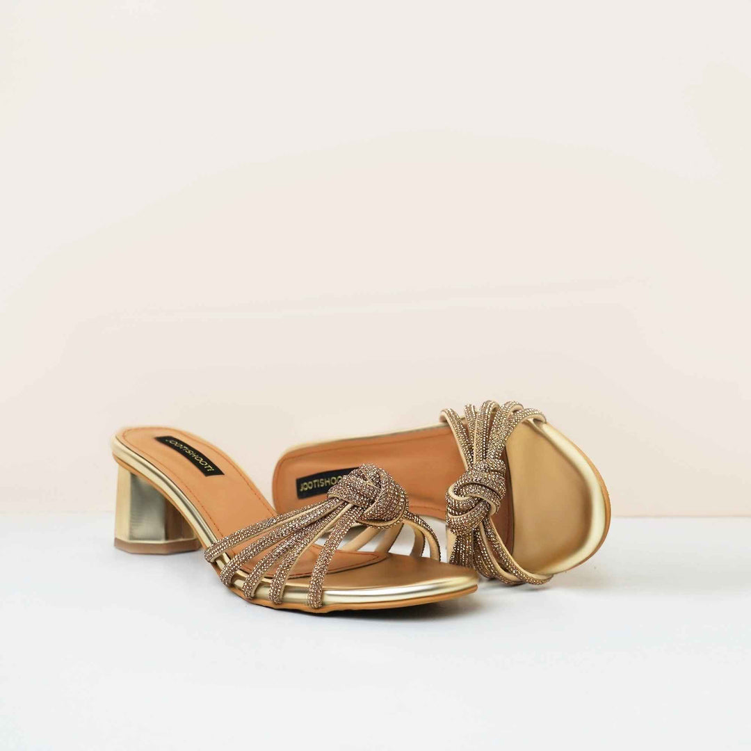 Niomi Gold – Gold Diamante Block Heel Sandals For Women
