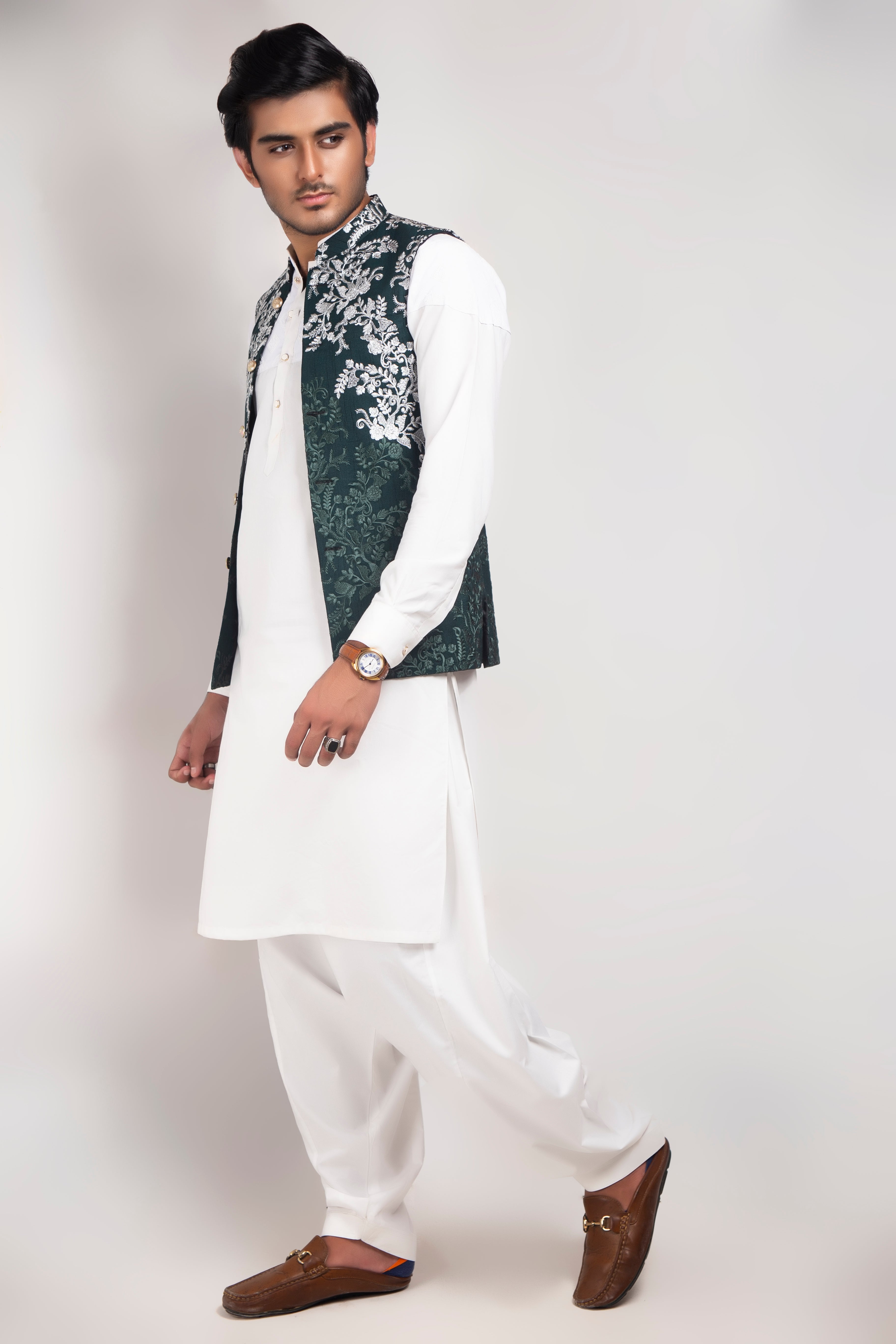 Green Color Silver Embroidered Waist Coat For Men