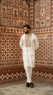 White Luxury Chikankari Embroidered Kurta For Men