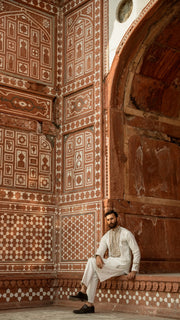 White Luxury Chikankari Embroidered Kurta For Men