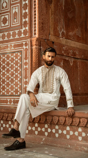 White Luxury Chikankari Embroidered Kurta For Men