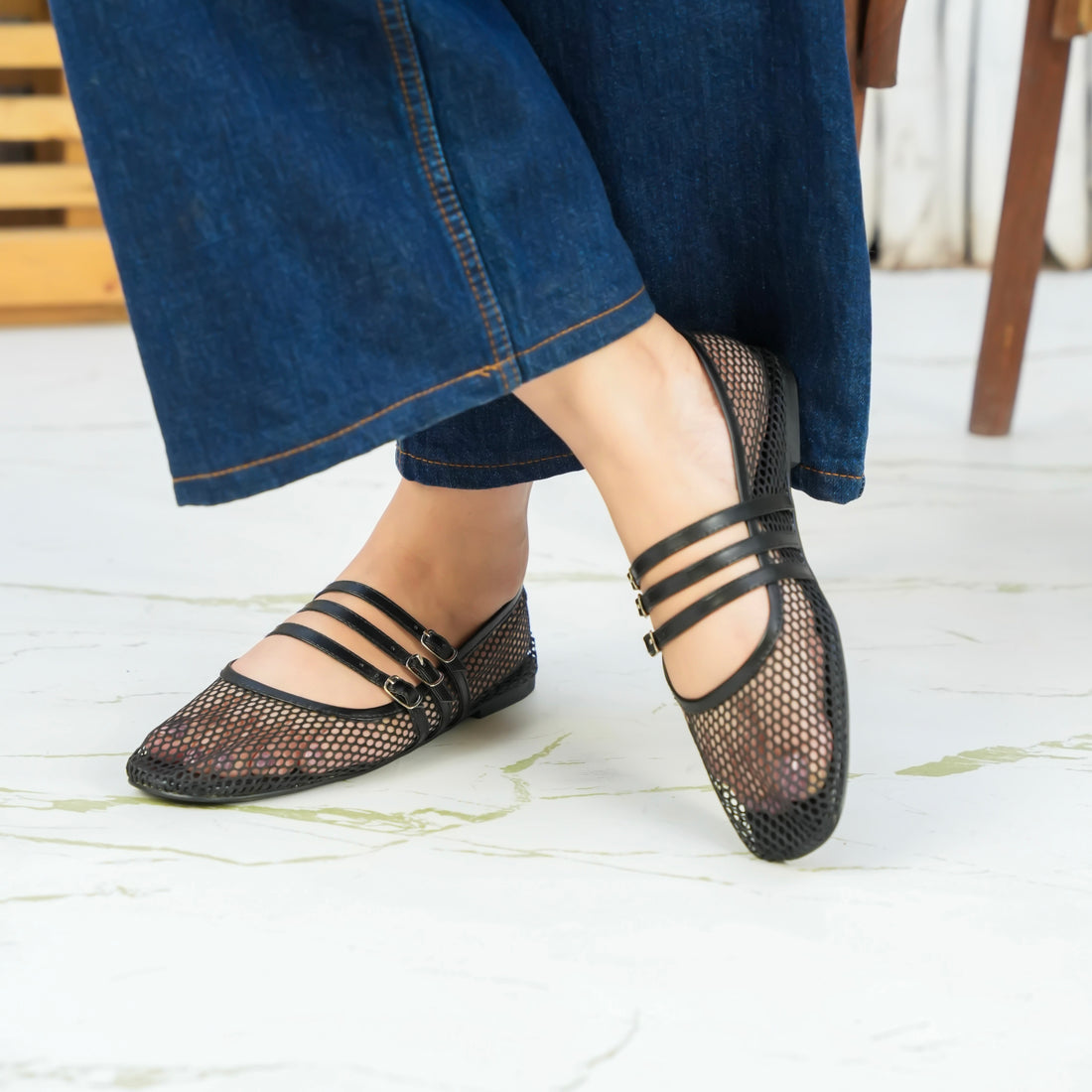 Black Mesh Strap Flats – Stylish & Comfortable Everyday Shoes For Women