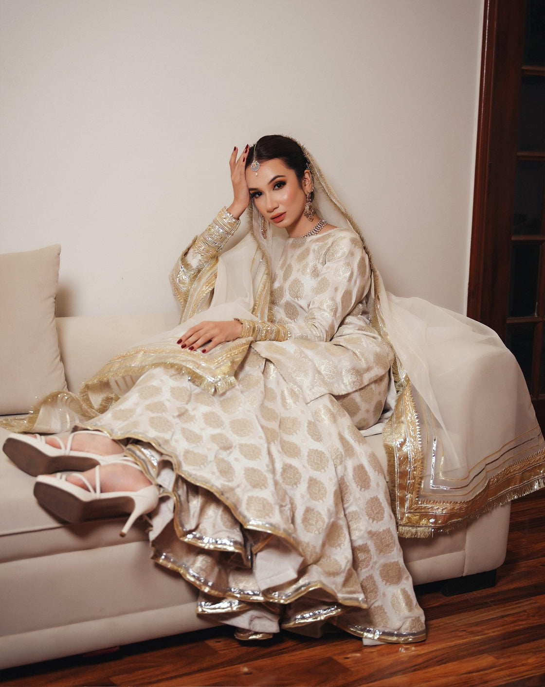 Saahiba – 3 Piece Off-White Satin Brocade Gharara Set For Women