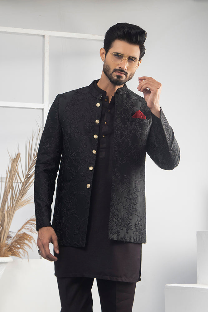 Black Color Floral Embroidered Prince Coat For Men