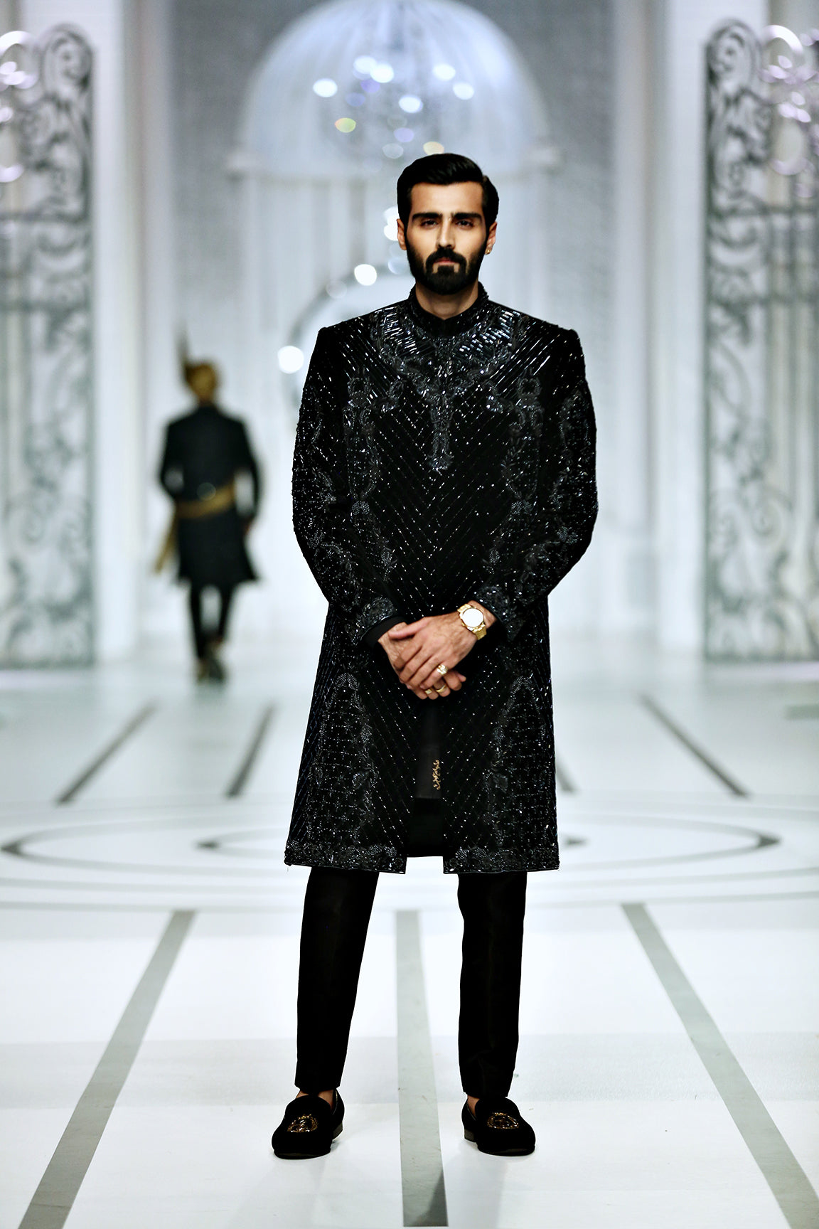 Black Color Solitaire Embroidered Sherwani For Men