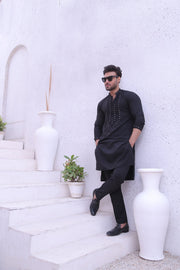 Black Color Mirror Work Embroidery Kurta Pajama For Men