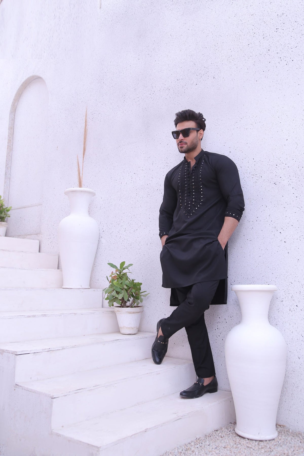 Black Color Mirror Work Embroidery Kurta Pajama For Men
