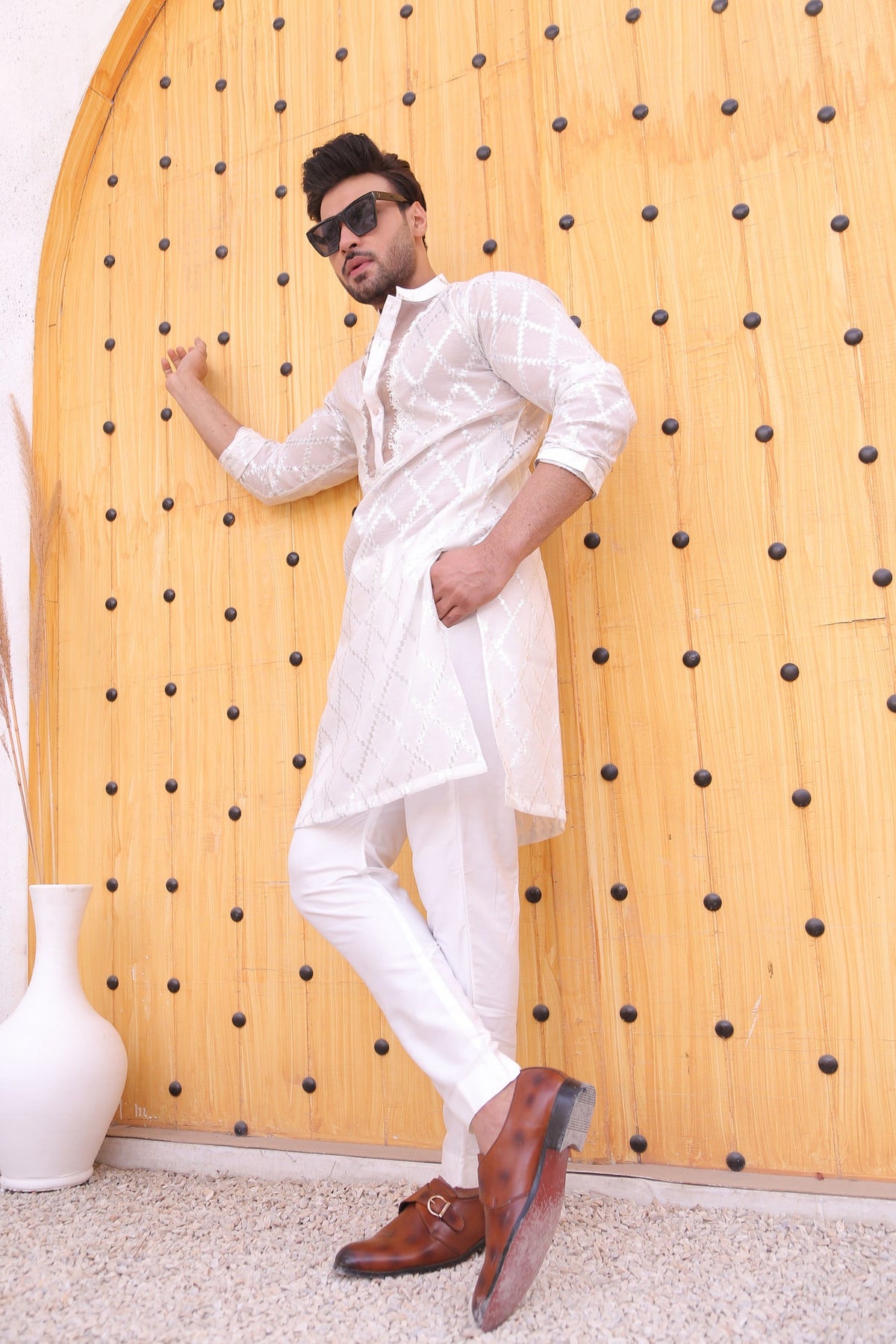 White Color Cut Work Embroidery Kurta Pajama For Men