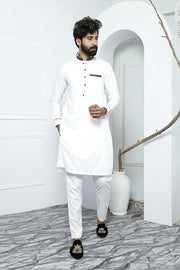 White Color Polka Dot Embroidered Kurta Pajama For Men