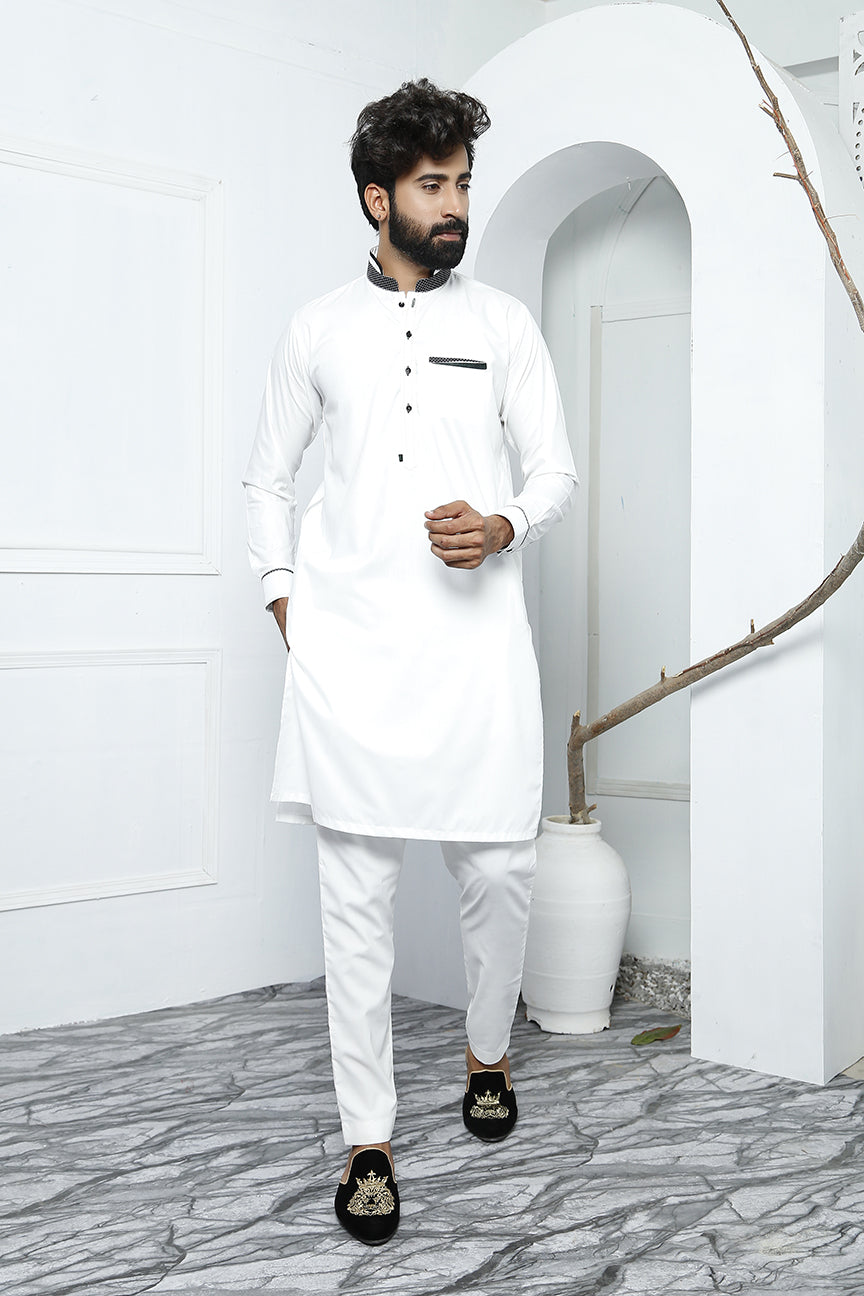 White Color Polka Dot Embroidered Kurta Pajama For Men