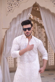 White Color Chicken Kari Embroidery Work Kurta Pajama For Men