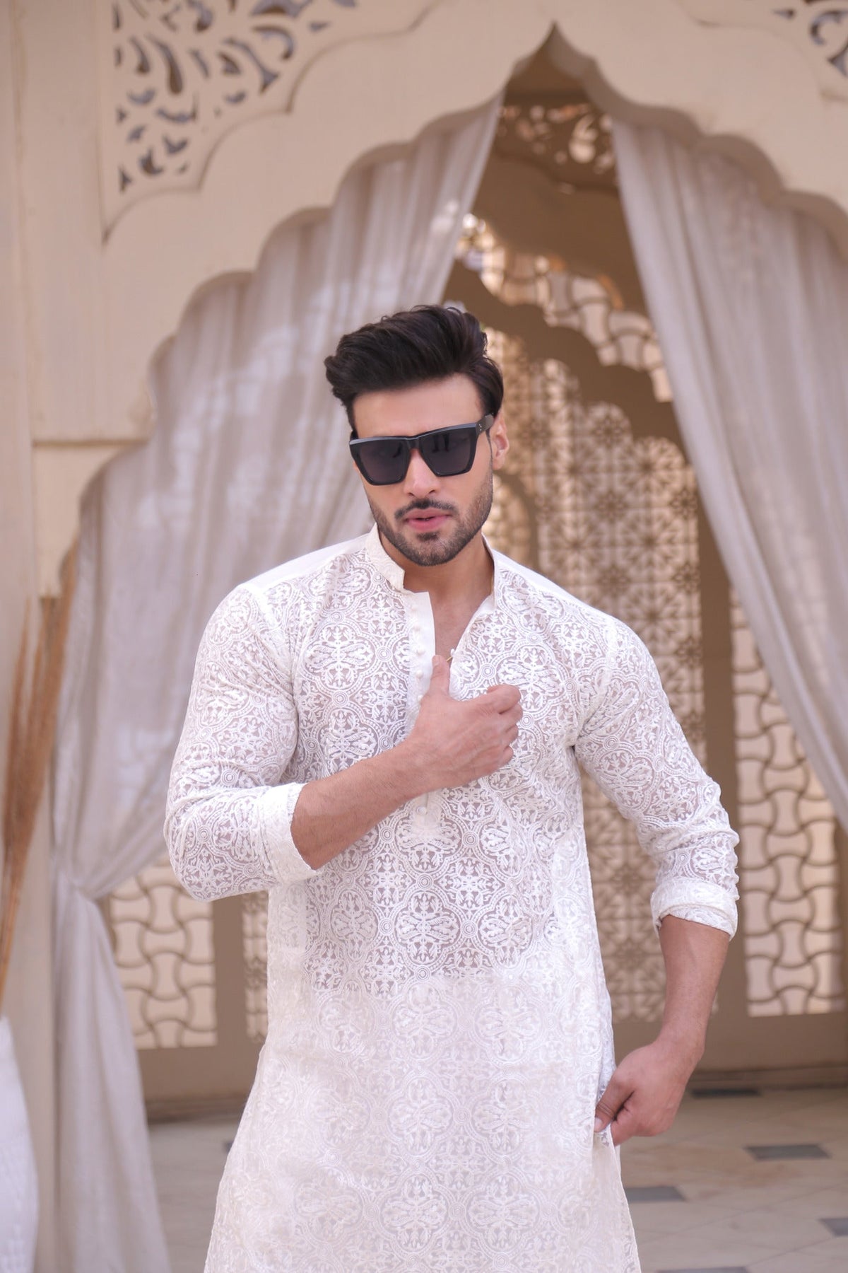 White Color Chicken Kari Embroidery Work Kurta Pajama For Men