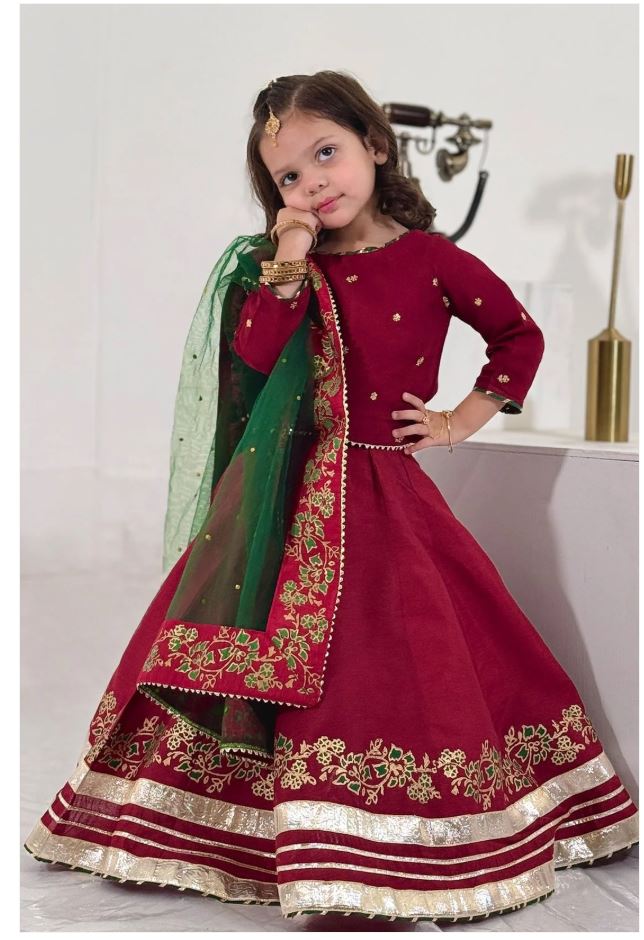 Elegant Embroidered & Block Printed Lehenga Choli For Girls