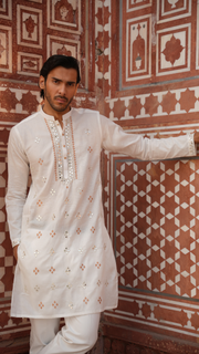 White Mirror Work Kurta for Men For Men