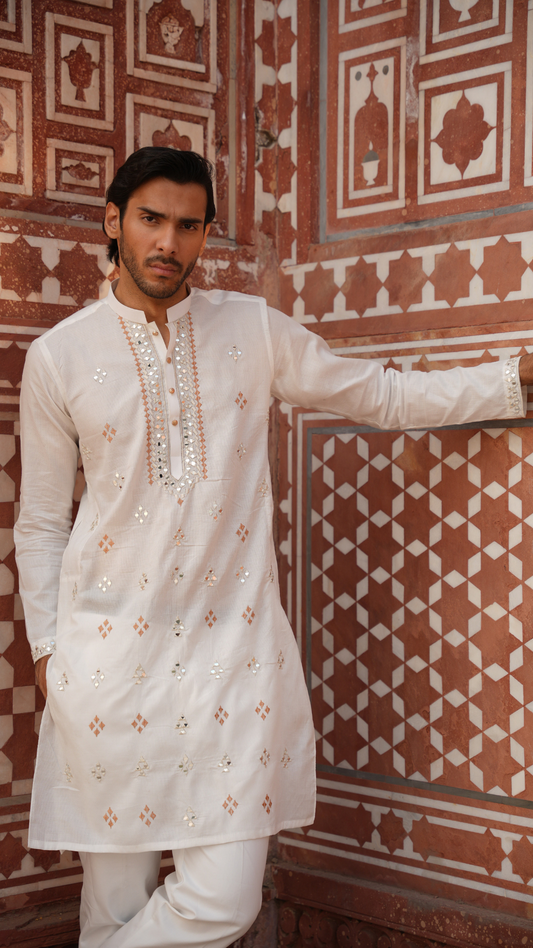 White Mirror Work Kurta for Men For Men